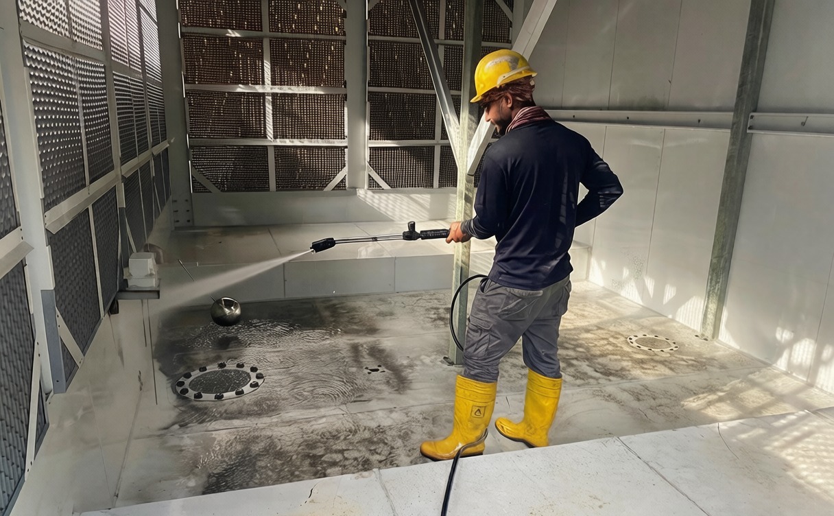 Technicians servicing a cooling tower